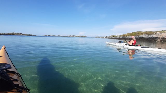 To persobner i hver sin kajakk på fjorden